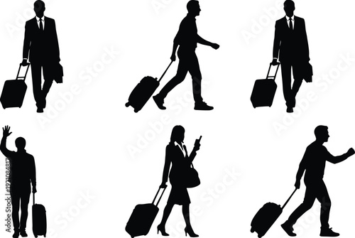 Silhouettes of travelers with luggage in various transit situations