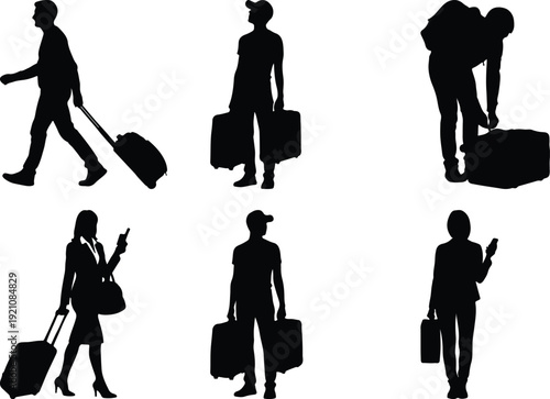Silhouettes of travelers with luggage in various poses and activities