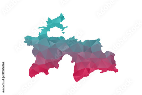Tajikistan Map - Polygon Style Vector Illustration in Teal and Red Gradient, Low Poly Geometric Design, Isolated on White Background for Infographics and Education.