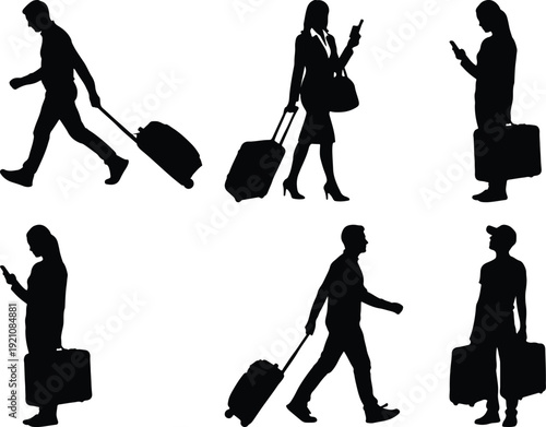 Silhouettes of travelers with various types of luggage in motion