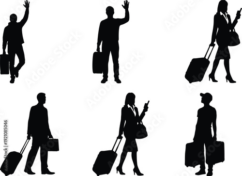 Silhouettes of travelers with various types of luggage in motion