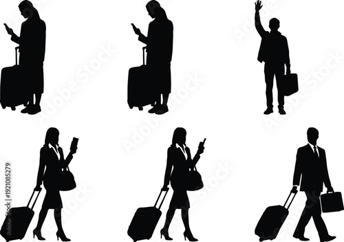Travelers with luggage silhouettes in various poses