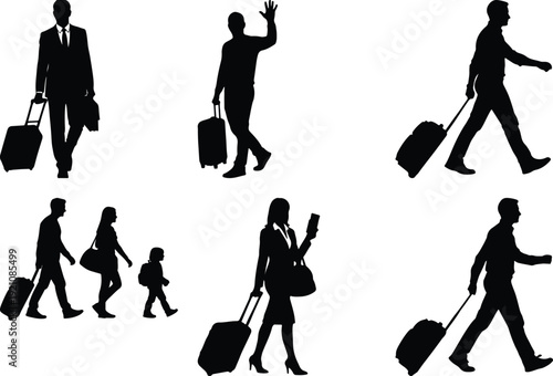 Silhouettes of travelers with luggage in various actions and poses