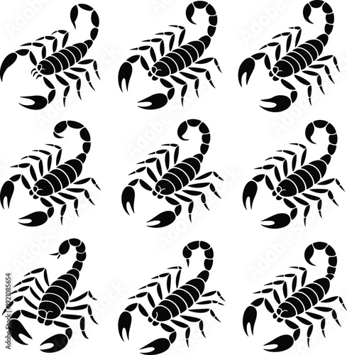 Black vector silhouette set of diverse scorpions with curved tails and pincers for predatory animal branding desert wildlife protection and dangerous insect logo design