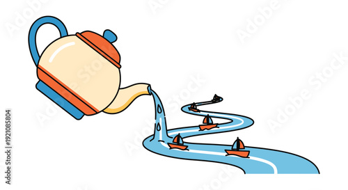Teapot Pouring Water into Winding River.
