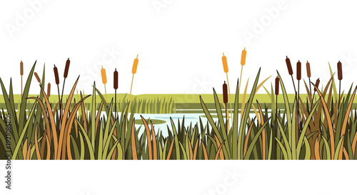 Wetland Landscape with Cattails and Pond - Vector Illustration