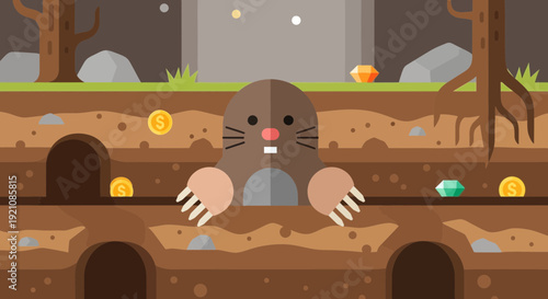 Whack-a-Mole Game Illustration: Cute Mole Emerging from Burrow with Coins and Gems