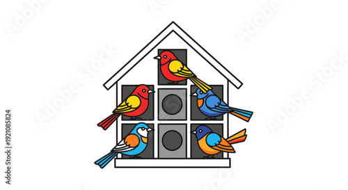 Colorful Birds Perched on House Windows.