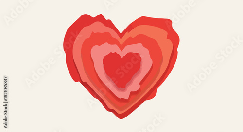 A layered heart with shades of red on a light cream background