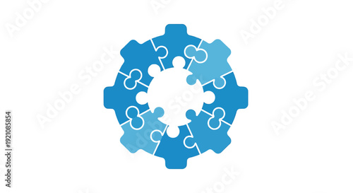 Blue Puzzle Pieces Forming a Gear.