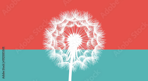 White dandelion silhouette on coral and teal background, minimalist design