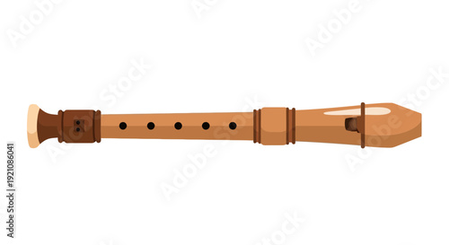 Wooden Recorder Flute Isolated on White Background, Musical Instrument
