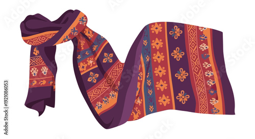 Woven Fabric Scarf with Ethnic Pattern, Purple and Orange Tones