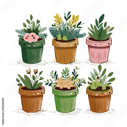 Fresh Herb And Green Leafy Plant Illustration Set In Simple Brown Pot For Kitchen Garden Window Sill