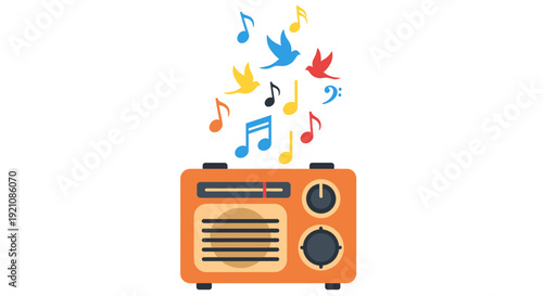 Vintage Orange Radio with Music Notes.
