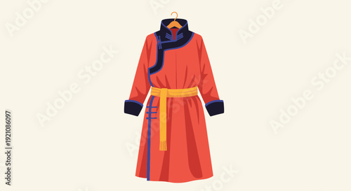 Traditional Mongolian Del Costume on Hanger, Vibrant Orange Robe