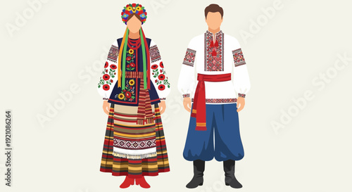 Ukrainian Couple in Traditional Embroidered Folk Costumes