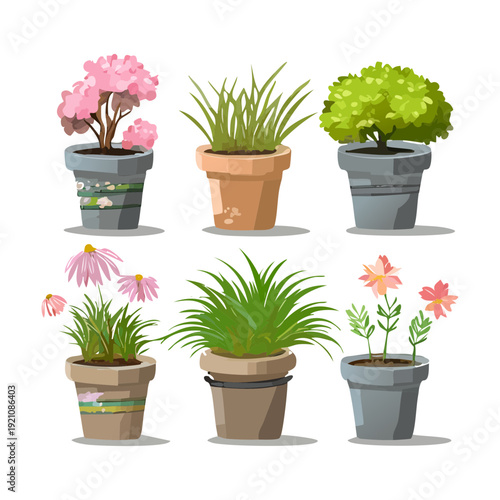 Fresh Green Grass And Simple Garden Plant Illustration Set In Modern Grey Pot For Minimalist Outdoor Decor