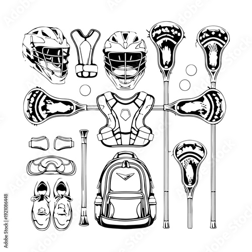 Lacrosse Equipment Set Vector Illustration Isolated on White Background, Lacrosse Gear Collection – Helmet, Stick, Pads and Shoes Outline Drawing.