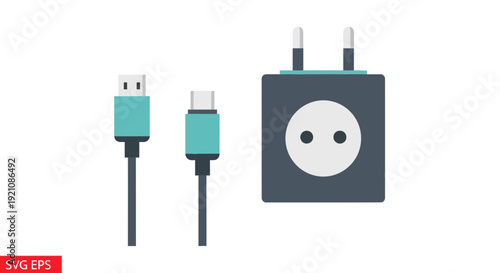 USB C Charger and Cable Icons: Power Adapter, USB Type C Connector, Electronics