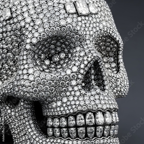 A diamond encrusted human skull sculpture with a gold grill on a dark background showcasing intricate details and craftsmanship