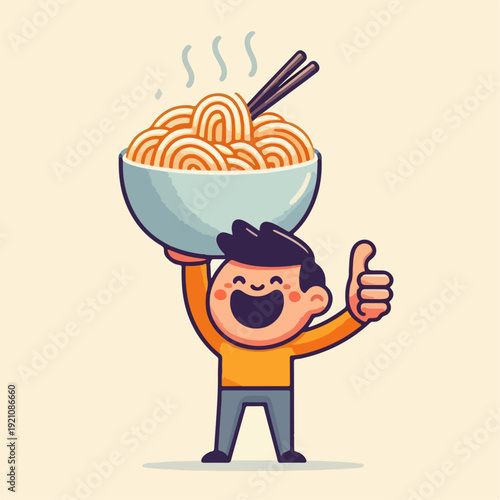 Cartoon vector illustration of a child happily eating noodles while giving a thumbs up