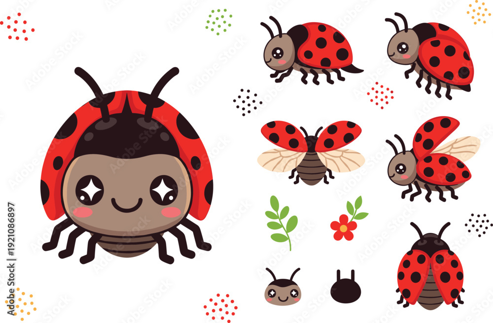 Naklejka premium Adorable Cartoon Ladybug Vector Illustration Set with Happy Faces, Red Spotted Beetles in Flying and Crawling Poses, Green Leaves, and Garden Insects for Kids