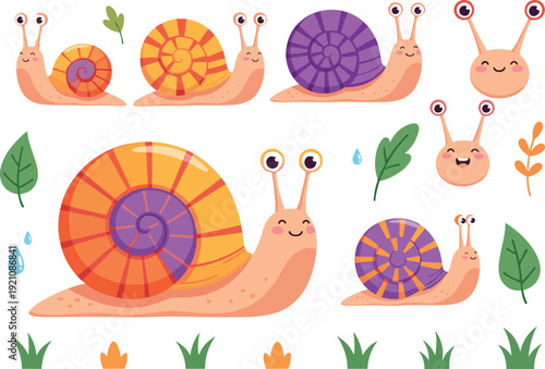 Adorable Cartoon Snail Vector Illustration Set with Colorful Spiral Shells, Happy Faces, Green Leaves, and Garden Elements for Kids and Childrens Design