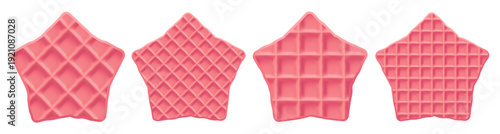 Vector pink star waffle, cream wafer texture, candy biscuit. Belgian illustration and pattern food chocolate, cartoon logo stroopwafel. Cake breakfast bg of isolated cute pancake, cookie bite seamless