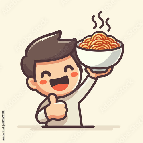 Cartoon vector illustration of a child happily eating noodles while giving a thumbs up