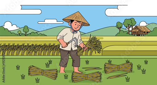 Farmer harvesting rice in rural field, conical hat, sickle, traditional agriculture, manual labor, countryside houses, hills, flat vector illustration