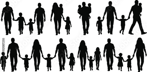 Family silhouettes walking together, parents and children, holding hands, unity, diversity, family bond, lifestyle design, flat vector illustration
