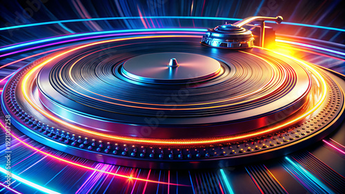 Detailed view of a DJ turntable with a tonearm, illuminated by bright orange and electric blue neon lines, set against a background of colorful light streaks.