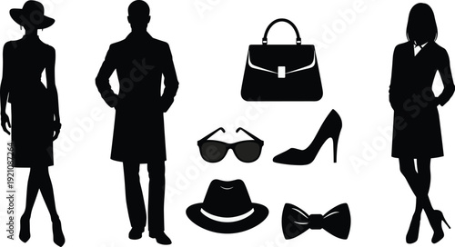 Fashion silhouettes with accessories, stylish attire, men and women, handbag, sunglasses, high heels, bow tie, flat vector illustration