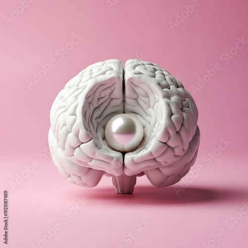 A white brain model with a pearl in the center on a pink background symbolizing knowledge and creativity