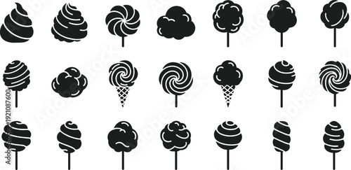 Cotton candy, lollipop, ice cream silhouettes, sweet treats icons, dessert designs, candy shop graphics, playful food, vector illustration
