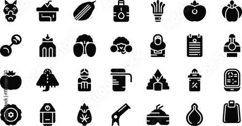 Everyday icons silhouettes, food, drink, fitness, baby care, technology, shopping, pet, plant, tool, lifestyle, flat vector illustration