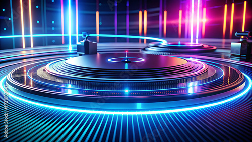 Futuristic DJ turntable stage with vibrant neon lights, perfect for music events, parties, and electronic dance music promotions.