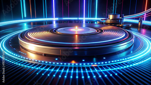 Close-up view of a glowing DJ turntable with neon blue and orange lights, ideal for promoting music festivals and nightclub events.