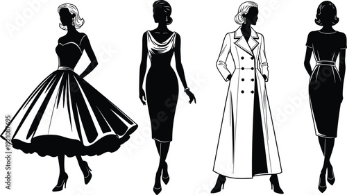 Black vector silhouette set of elegant women in vintage 1950s style dresses and a long trench coat for retro fashion apparel branding and design