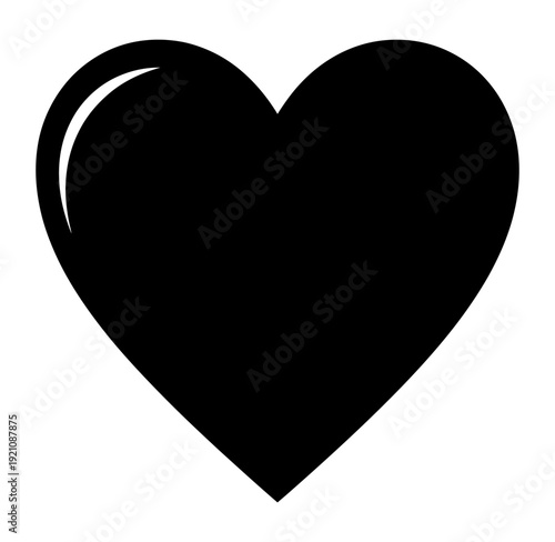 A simple yet elegant solid black heart icon with a subtle white highlight on its upper left curve, symbolizing love and affection.