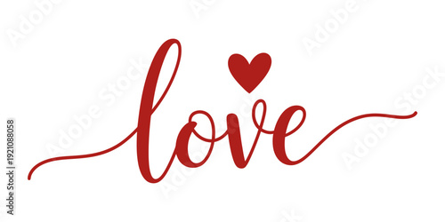 Elegant red cursive 'love' typography with a heart symbol replacing the dot, on a clean white background, conveying romance and affection.