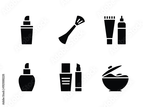 A set of black icons representing various cosmetic products and tools.