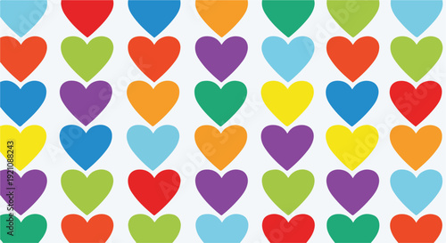 A pattern of colorful hearts arranged symmetrically on a white background