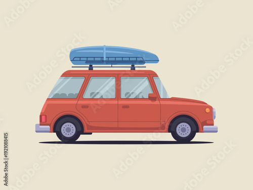 A vibrant orange car loaded with a blue kayak for a fun adventure