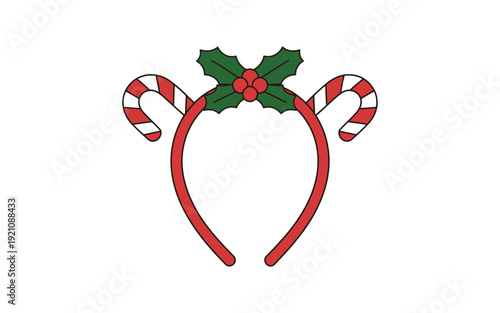A festive red headband adorned with holly and candy canes for holiday celebrations.