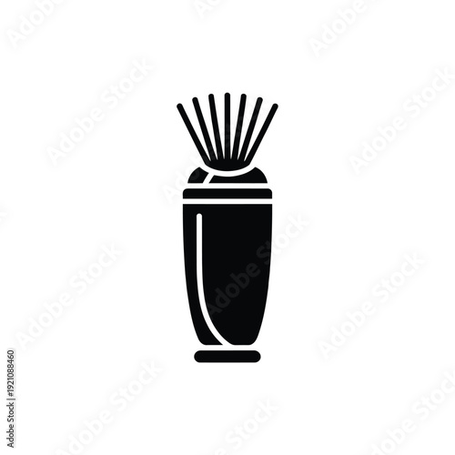 A simple black and white illustration of a cocktail shaker with a sunburst design on top.