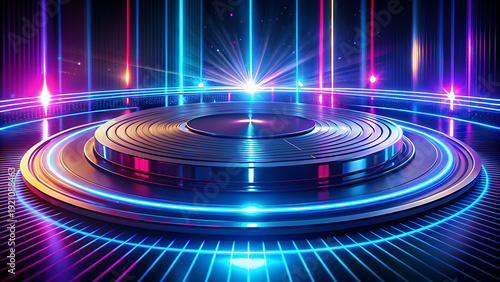 A vibrant, futuristic stage with a DJ turntable and a backdrop of pulsing neon vertical lights in blue and pink hues.