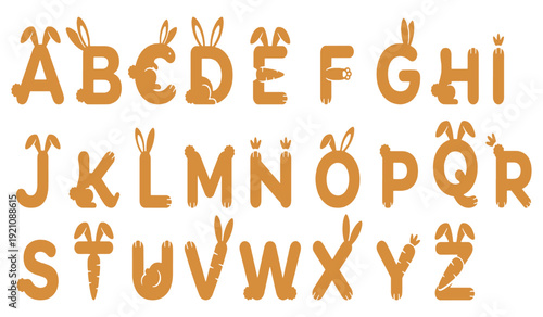 Alphabet with Easter bunny ears and carrots, cute font for spring holidays.