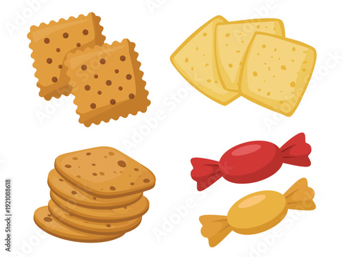 A collection of crackers and candies on a white background
